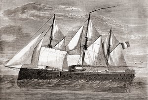 1859年に進水した初の外洋用鉄甲船、フランスの鉄甲船Gloire「Glory」（1870年頃に出版された「Les Merveilles de la Science」より）（エングレーヴィング 作： French School