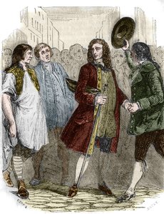 フランスの作家・哲学者であるフランソワ＝マリー・アルエ（Francois-Marie Arouet dit Voltaire, 1694-1778）は、亡命を終えてフランスに戻ってきました。19世紀のエングレーヴィング。 作： French School