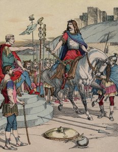 紀元前52年のアレシアの戦いの後、ローマの長老ジュリアス・シーザー（紀元前100-44年）に降伏するガリアの長老ヴェルシェトリックス（紀元前72-46年）。- "The Gallic leader Vercingetorix (72-46 BC) surrender to the Roman chief Jules Cesar (100-44 BC) after the battl