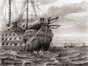 大西洋横断の電信ケーブルを敷設するHMSアガメムノン号（8月2日 作： French School