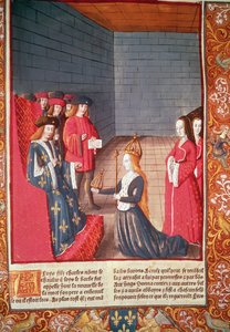 コンピエーニュでプロヴァンスの神聖ローマ皇后リチルドが、A. Verard が印刷した「Chroniques de France」より、父親のシャルル 2 世「禿頭」が所有していた王冠と王笏を吃音者ルイに贈呈 作： French School