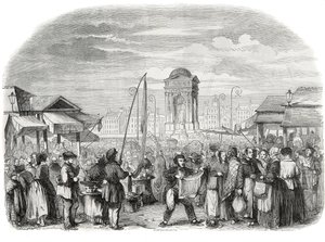 噴水のあるパリで行進するイノセントたち - Edmond Texier 1852年の「Tableau-de-Paris」に掲載された版画