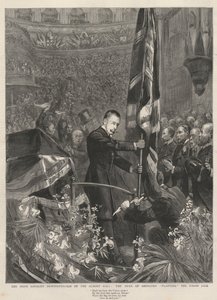 1893年、ロンドンのアルバートホールでのアイルランドのロイヤリストのデモ：ユニオンジャックを植えたアバコーン公（ジェームズハミルトン）（1811-1885）。 作： French School