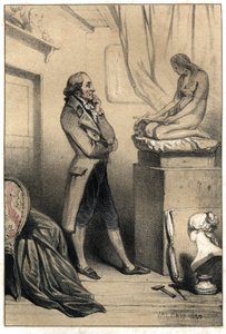 イタリアの彫刻家アントニオ・カノーヴァ（1757-1822）は、「懺悔するマドレーヌ」の文化を前にしています。ヴァレリオによる2色刷りのエングレーヴィング「Scenes de la vie des hommes famous」からの抜粋。1843. 作： French School