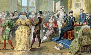 フランス王アンリ3世（1551-1589）がかわい子ちゃんたちを囲んでいます。19世紀末のクロモリトグラフ