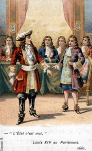 フランス国王ルイ14世は、1661年に議会で "国家は私だ！"と宣言しました。19世紀のクロモリトグラフ。 作： French School
