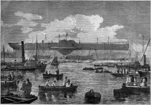 1857年に進水を試みた初の巨大客船「リヴァイアサン」（グレート・イースタン号）。1857年11月14日付「Le Monde Illustré」31号に掲載された図版。 作： French School