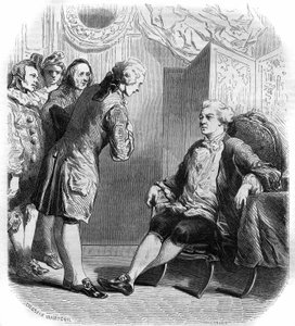 フィリップ・ネリコー・デストゥーシュ（1680-1754）と彼の旅芸人一座を迎えるピュイジユルクス侯爵。1858-1859年の版画。 作： French School
