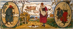 ジャン・ド・ラ・フォンテーヌ（1621-95）の「寓話」より「乳母とミルク缶」、スイスチョコレート「ペーター、カイエ、コーラー」のトレードカード（カラーリトグラフ）
