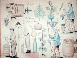 10月の月。ワイン生産（紙にペン＆インク、色鉛筆） 作： French School