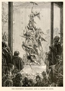 ジュール・ヴェルヌ（1828-1905）の「80日間世界一周」より、「モニュメントはトランプの城のように崩れた」。 作： French School