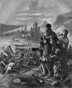 フランスの物理学者・発明家であるドニ・パパン（1647-1712）の「蒸気船」をムンデンの海兵隊が破壊した。 作： French School