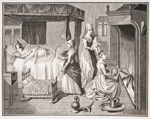 15世紀のミニチュア「ヒストワールドゥラベルヘレーヌ」の後のポールラクロワ（1806-84）の「ルモヤンエイジエラルネサンス」の1847年出版の新しい生まれの子供