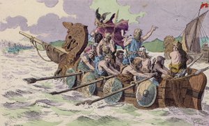 パリに到着したノルマン人、885年（カラーリトグラフ）