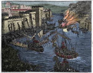 ロロに率いられたノルマンは、884年にパリを包囲しました。 作： French School