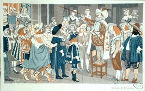 エドモンド・ロスタン（1868-1918）作「シラノ・ド・ベルジュラック」の挿絵「ブルゴーニュホテルでの鼻のスピーチ」1905年頃（カラーリトグラフ版） 作： French School