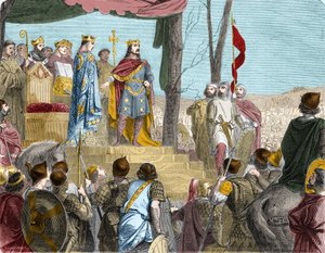 東フランスの支配者であるドイツ人ルイ（876年）と西フランシアの支配者である異母兄シャルル（877年）との間で交わされたストラスブールの誓い - Le oath de Strasbourg: traite de Verdun, 843.ルイ敬虔王の息子たちは、領土を分割し（カロリ