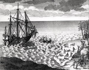 1753年に発表されたバックヴィルデラポセリー（1663-1736）による歴史的歴史の中心地から、海岸近くに沈むペリカン 作： French School
