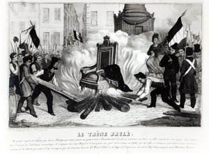 バスティーユ広場で王位を燃やす人々、1848年 作： French School