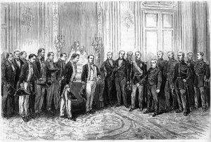 フランス共和国大統領アドルフ・ティエール（1797-1877）は、エリゼ宮で日本の大使たちを迎えた。1月4日付「Le Monde Illustré」821号に掲載された図版 作： French School