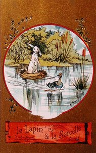 ウサギとティール、ジャンドラフォンテーヌの寓話を描いたイラスト入りカード（1621-95）c.1880 作： French School