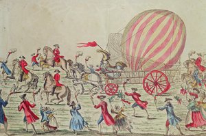 1783年12月2日、モンゴルフィエ兄弟によるシャンドマルスでの実験後の熱気球のパリへの帰還 作： French School