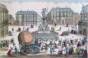 1783年12月2日、ジャックシャルル気球（1746-1823）とニコラスロバート（1761-1828）のヴィクトワール広場のワークショップへの戻り 作： French School