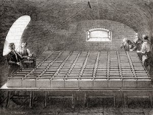 1870年に出版された「Les Merveilles de la Science」に掲載されている王立研究所の電気電池。 作： French School