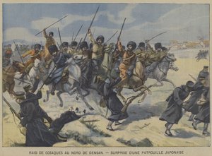 日露戦争：朝鮮半島の玄山の北側で、日本軍の哨戒を奇襲するコサック（カラーリトグラフ 作： French School