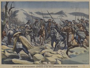 日露戦争：コサックに捕らえられた日本軍の分隊と指揮官（カラーリトグラフ 作： French School