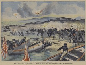 日露戦争：日本軍の上陸未遂を撃退（カラーリトグラフ 作： French School