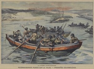 日露戦争：鴨緑江におけるロシア軍の偵察時の最初の小競り合い（カラーリトグラフ 作： French School