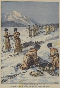 日露戦争：スキーで作ったソリで負傷したロシア兵を運ぶ（カラーリトグラフ 作： French School