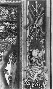 季節のタペストリー、ボーダー、楽器、1670年頃、ゴブラン工場（詳細） 作： French School