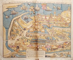 カレーの包囲、1558年（色の木版画） 作： French School
