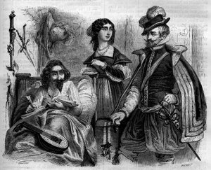 1614年、スペインの作家ミゲル・デ・セルバンテス・サアベドラ（1547-1616）が自宅で妻とレモス伯爵を囲んでいる様子。1852年に描かれた版画。 作： French School