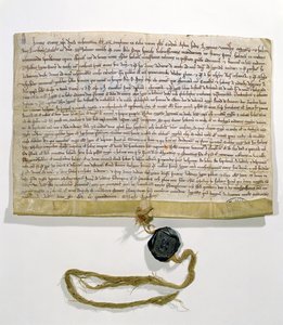 1215年8月に教皇法定代理人であるロバートドクルソン枢機卿によって作成および付与されたパリ大学の定款（ヴェラム＆ワックス） 作： French School