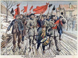 1906年4月1日、ルプチジャーナルからの鉱山村でのストライカーの行列、パドカレでの鉱山労働者のストライキ（カラー彫刻） 作： French School