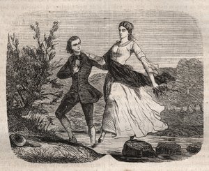 スイスの哲学者Jean Jacques (Jean-Jacques) Rousseau (1712-1778)は、Mademoiselle Galleyが小川を渡るのを助けた。Henry de Kock（1819-1892）の "Histoire Des Cocus Celebres "に掲載されている1871年のエングレーヴィング。