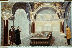 パリのパスツール研究所にあるルイ・パスツール(1822-95)の墓、ショコラトリー・ディグエベルの広告カード(クロモリ写真) 作： French School