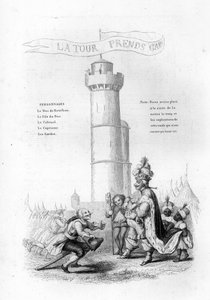 塔は慎重に。銃を持った大佐が王のもとに降りてきて、ページが続く。Chants et chansons populaire de la France』Tome 2のエングレーヴィング 作： French School