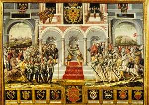 1559年4月2日〜3日、フランスのカトー・カンブレシス条約とアンリ2世（1519-59）とスペインのフィリップ2世（1527-98）の抱擁 作： French School