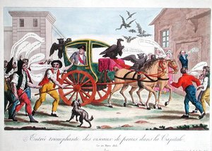 1815年3月20日、ナポレオン(1769-1821)のパリ帰還を描いた風刺画「猛禽類の首都への凱旋」(彩色済み彫刻) 作： French School