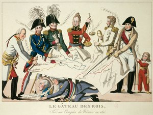 1815年6月22日に開催されたウィーン会議は、「王様のケーキ」と呼ばれた。ナポレオン1世の帝国崩壊後、世界の8大国を再統合し、国境を再定義しようとした。ロシア皇帝アレクサンドル1世、カスレアーグ家のH.R.スチュワート、オーストラリア皇帝フランソワ・ジョセフ1世 作： French School