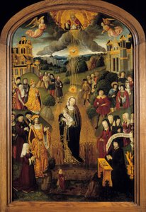 小麦を抱いた聖母 王ルイ12世（1462-1515）と教皇アレクサンダー6世（1431-1503）がいる。地球儀を持った全能の神がこの場面を祝福し、聖霊が聖母子を守っています。16世紀のフランス派の木版画 作： French School