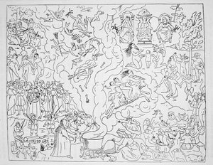 魔女の安息日、1916年代後半に出版された魔術の歴史で使用された、ピエールドランクレ、パリ1612のタブロードリンコンスタンスデモーヴァイアンジュからのイラストのコピー 作： French School