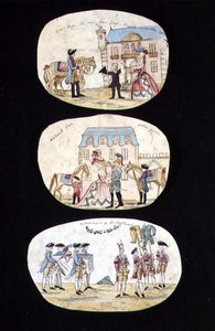 ジョン・チャーチル・マールボロ（1650-1722）の生涯を描いた3枚の挿絵「素晴らしき新米ページボーイ」「出征するマールボロ」「マールボロの葬列」18世紀半ば 紙にペンとインク、水彩画 作： French School