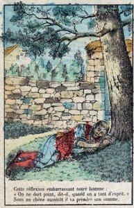 どんぐり」と「かぼちゃ」。ジャン・ド・ラ・フォンテーヌ(1621-95)の寓話。19世紀末のエピナルの映像。 作： French School