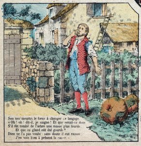 どんぐり」と「かぼちゃ」。ジャン・ド・ラ・フォンテーヌ(1621-95)の寓話。19世紀末のエピナルの画像。 作： French School