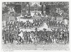 1721年、トルコのスルタン・アフメッド3世の大使メフメト・セレビ・エフェンディがルイ15世を迎えるためにチュイルリーに到着した時の様子（エングレーヴィング 作： French School